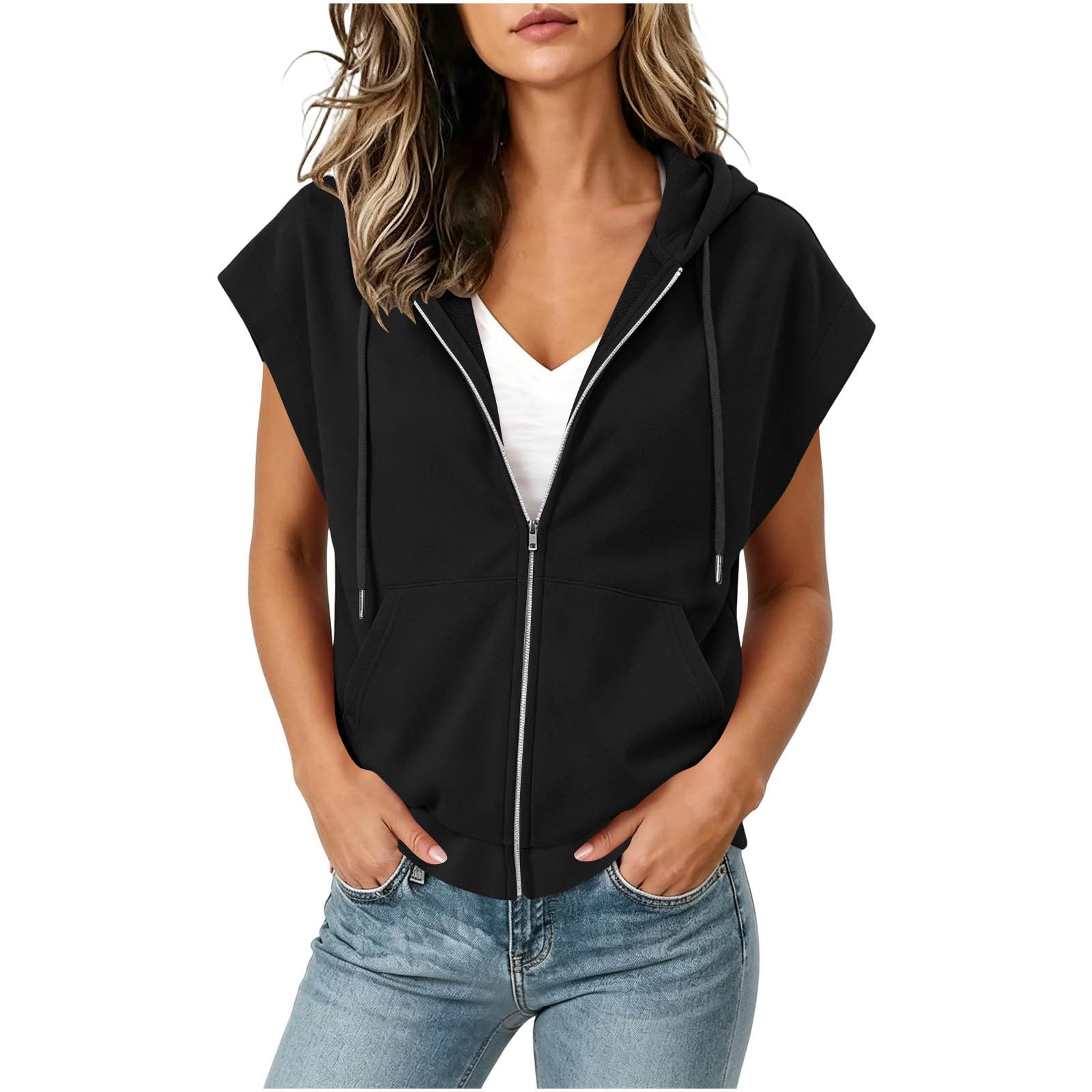 Women s Color Short Sleeve Zip-up Hoodie Loose Fit Casual Sweatshirt M