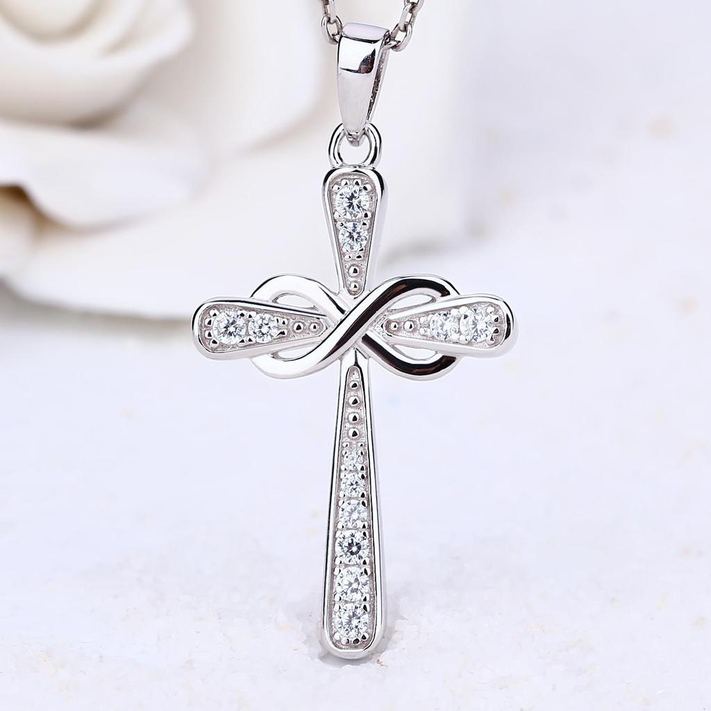 Sterlingsilber S925 Kreuz Halskette mit Schleife Zirkon Anhänger für Damen - Trendiges Schmuck Accessoire