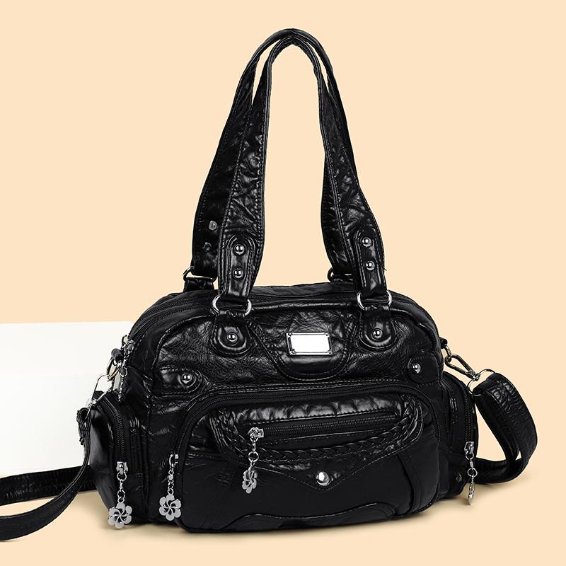 2026 Luxury Designer Multi-layered Washing Leather Women Tote Bag Retro Solid Color Shoulder Crossbody Bags Brand Female Handbag