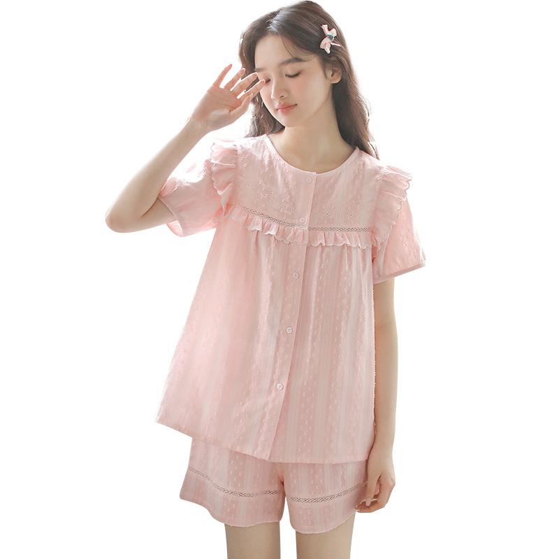 Spring and summer new women's cotton yarn French sweet pure cotton girl short-sleeved shorts loungewear set 19