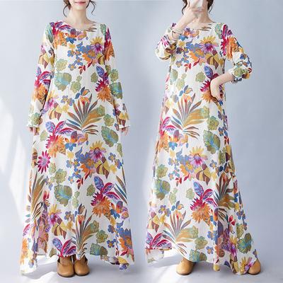 Real Autumn New Literary Large Size Loose Printing Round Neck Long Sleeve Dress Women's Long Dress