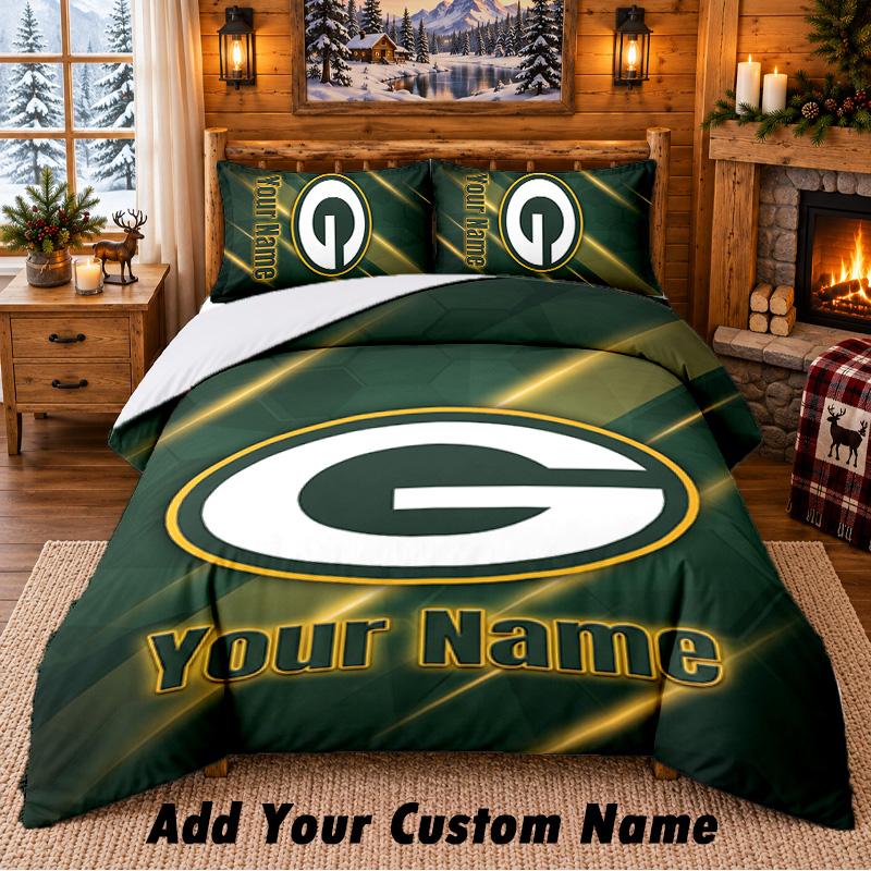 Green Bay Packers Pattern Bedding 3Pcs Set Custom Name, Bed Sheet And Pillowcases For Home Bedroom