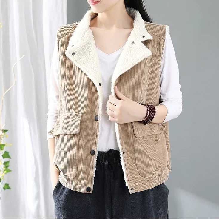 Vintage Corduroy Vest Women's Flocked Lapel Vest Plush Thick Vest Sleeveless Jacket Women's Fleece Vest