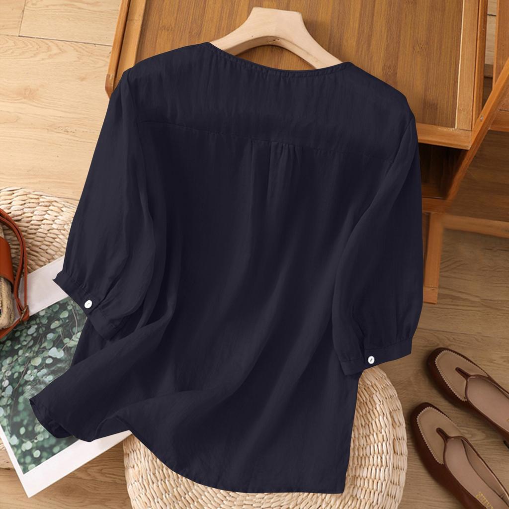 Women's Solid Color Cotton And Linen Short-sleeved Embroidered Retro Breathable T-shirt Round Neck Top