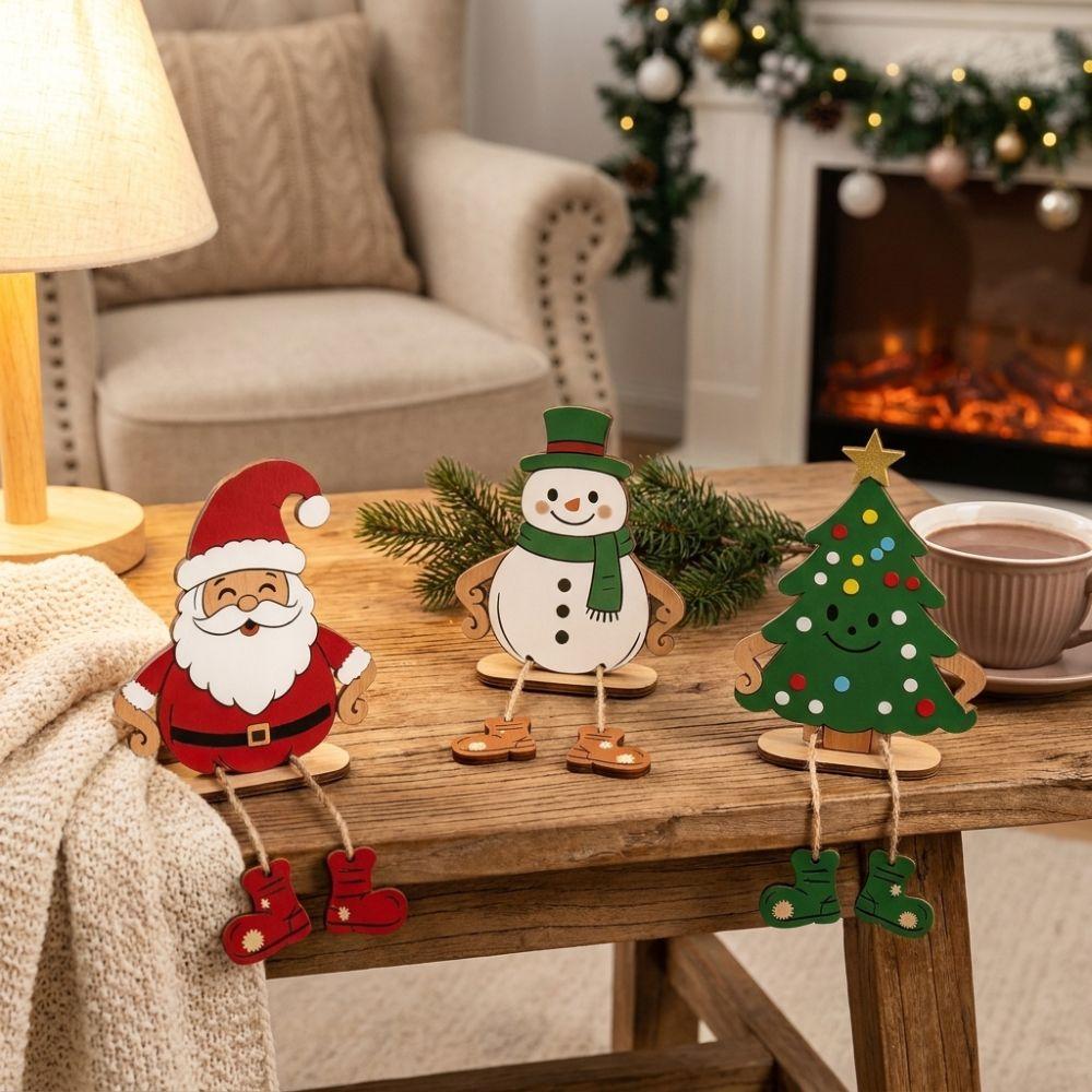 3Pcs Self Standing Santa Snowman Tree Ornament Stable Base Handmade Craft Christmas Wooden Table Decor Cartoon Style Vintage