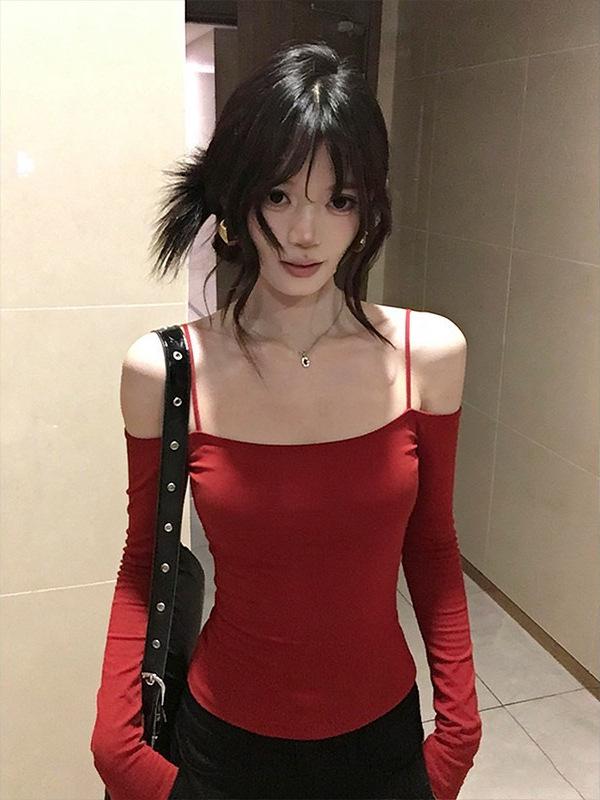 Red Off-Shoulder Long-Sleeve T-Shirt for Women - Christmas & New Year 2026 Edition