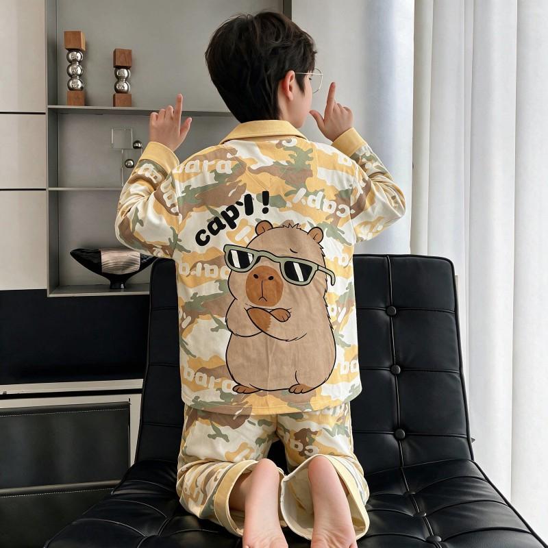 Boys Cotton Pajama Set Long Sleeve Thin Sleepwear Cartoon Print Hoodie Style Home Wear Kids 8