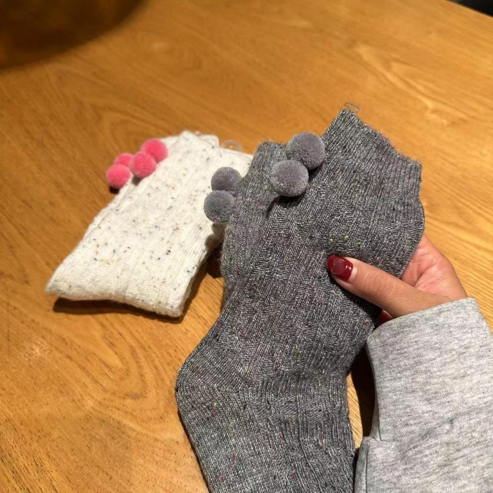 Plush Ball Mid Tube Socks Thick Warm Knit Socks Women Cute Wool Mid-Calf Socks  Girls