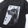 T-shirt a manica corta lavata effetto invecchiato con stampa Doberman, Direct Spray, High Street, Brand Trendy Retro Americano, Maglietta a mezza manica da uomo e da donna