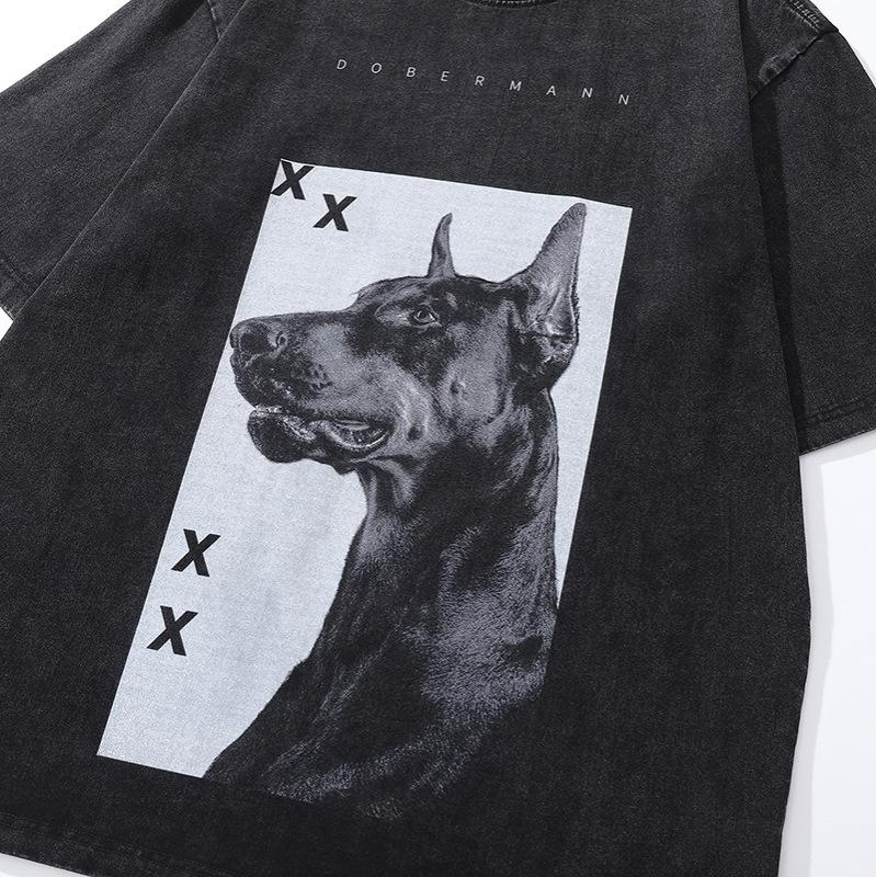 T-shirt a manica corta lavata effetto invecchiato con stampa Doberman, Direct Spray, High Street, Brand Trendy Retro Americano, Maglietta a mezza manica da uomo e da donna