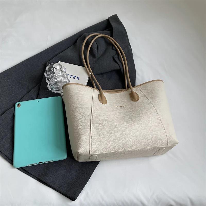 Women's large capacity PU shoulder bag monochromatic stitching bag casual totes