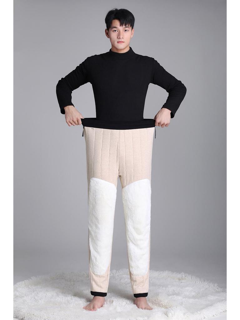 Men's High-Waist Wool Knee Pad Winter Pants - Thick, Cozy Cotton for Cold Weather