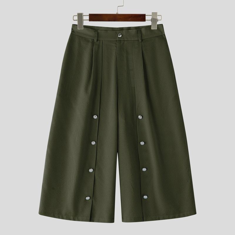 

INCERUN Мужские капри Повседневные Свободные Широкие брюки с пуговицами в полоску Укороченные шорты XL зелёный