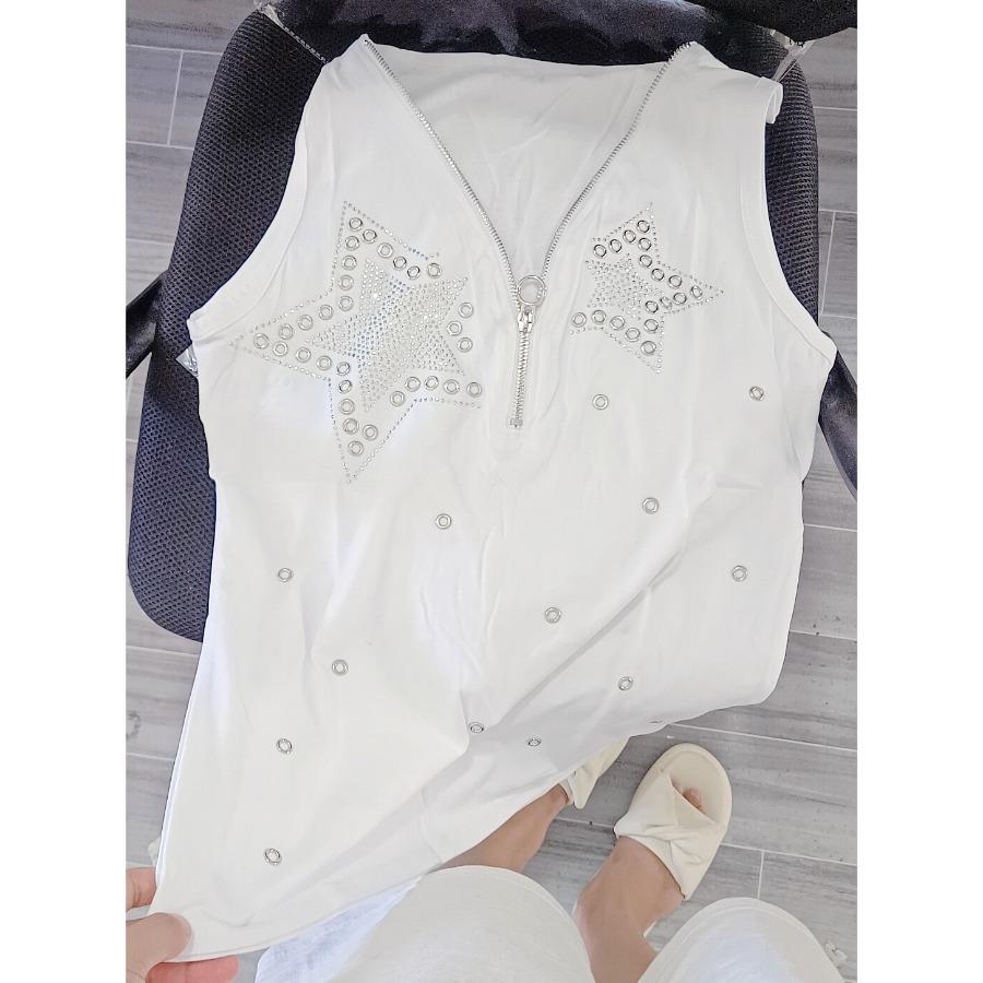 Dámské léto Bavlna Tričko se zipem a výstřihem do V Jednobarevná Flitrovaná vesta Černá Bez rukávů Tenká trička velké velikosti