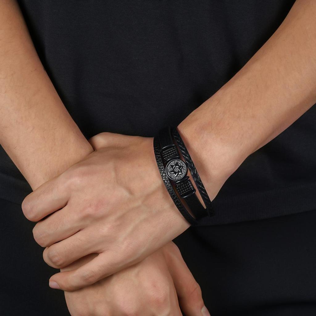 Men's Stylish Cross Hexagram Multi-layer Leather Bracelet