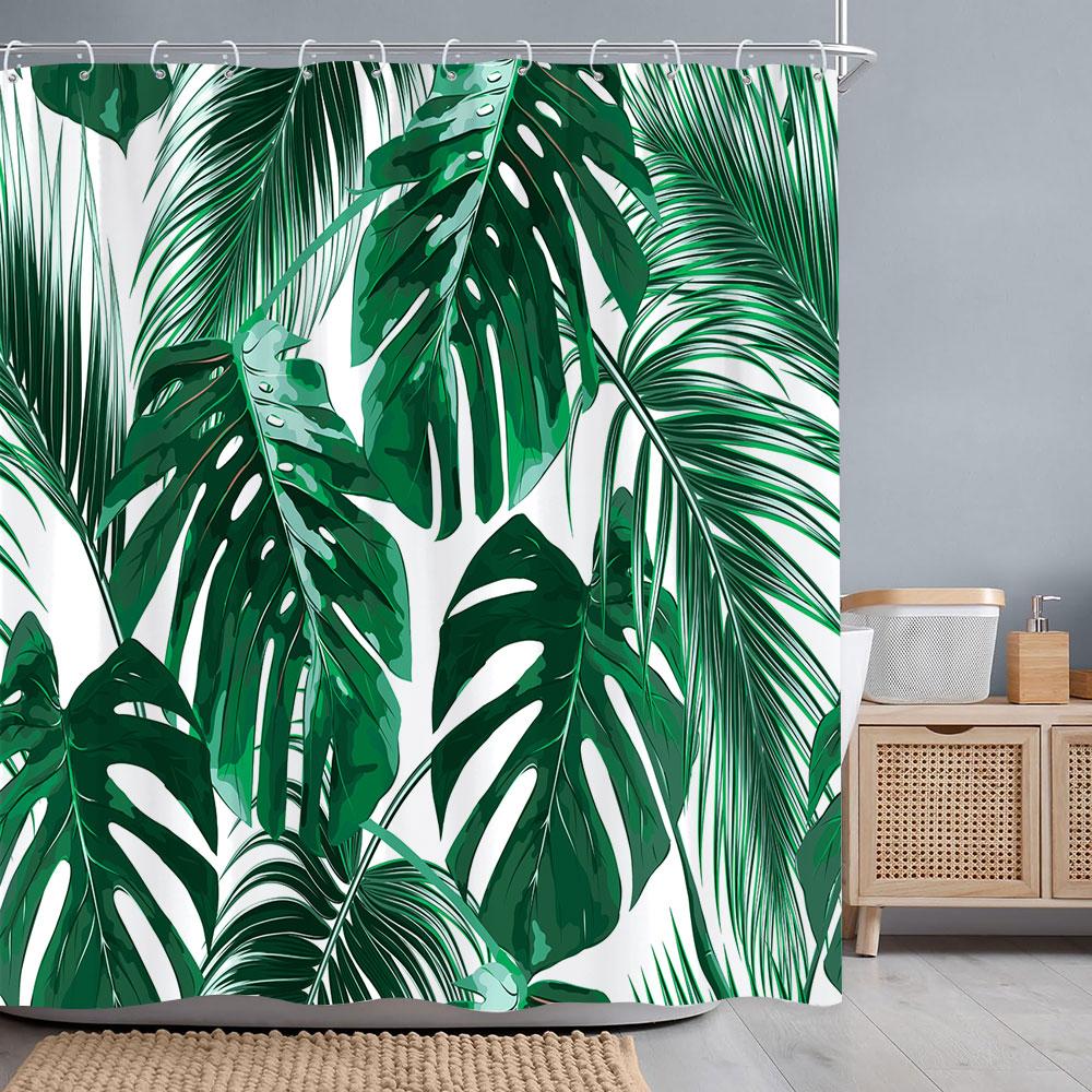 Tropical Botanical Flower Shower Curtain Beige Green Palm Leaf Flower Scandinavian Decor Bathroom Polyester Shower Curtains Set