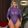 Purple Charm Rhinestone Bikini Sexy Lingerie with Rhinestones One-Piece Long Sleeve Bodycon Dress Tight Mesh Dress