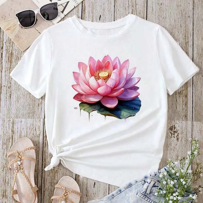 Trendy Lotus Flower Print Women T-shirt Streetwear Short Sleeves Tee Tops Summer Cute Woman Clothes Tops