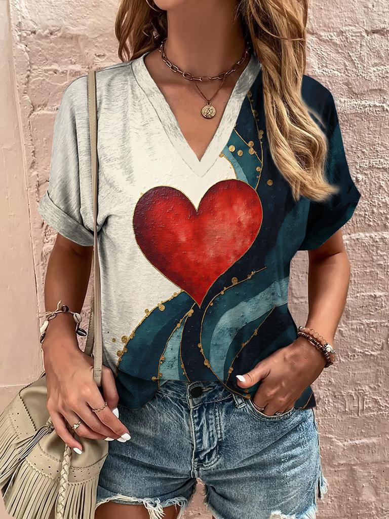 2025 New Summer Women's V-Neck T-Shirt Outdoor Casual Short Sleeve Tops Fashion Love Style Pattern OverSize Women's Clothing