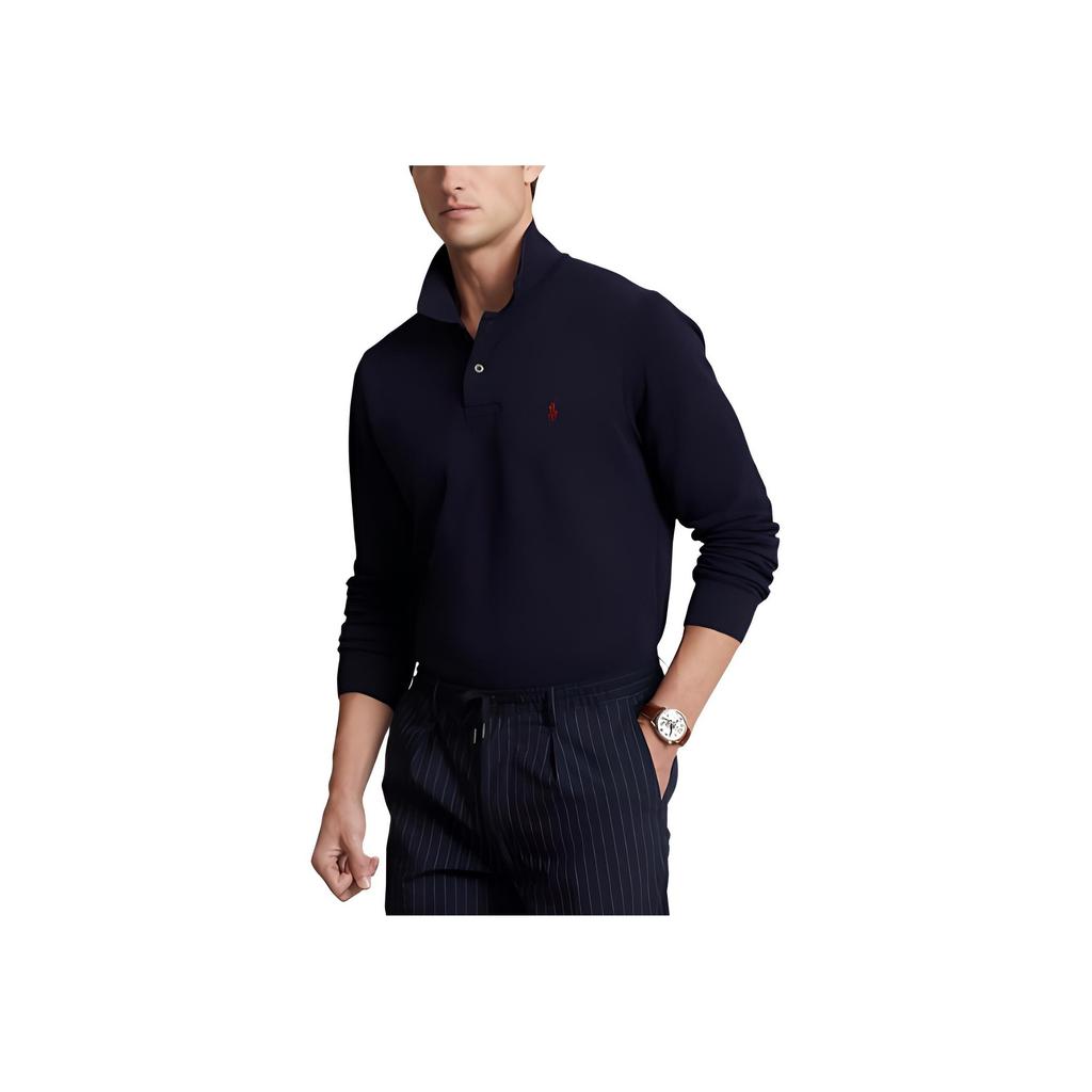 Polo Ralph Lauren FW22 Solid Color Casual Micro Logo Knit Long Sleeve Polo Shirt Men tops Navy-Blue MNPOKNI16822502-410