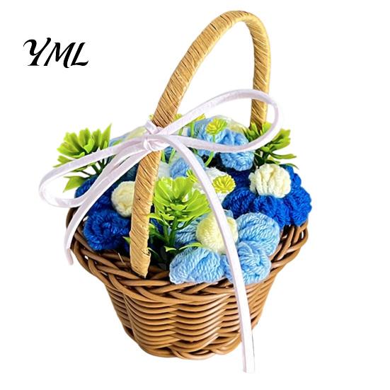 Crocheted Floral Desktop Ornament Hand Knitted Wool Flower Basket, Decorative Mini with Home Accents for Counter Ribbon, Plant Office And Photography