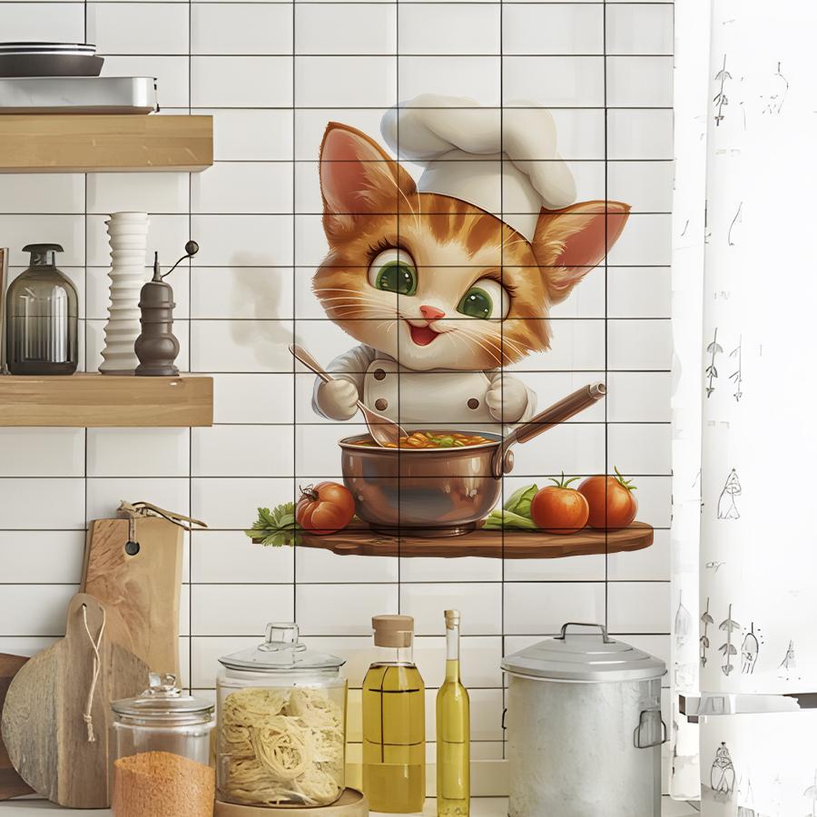 Cute Chef Cat Wall Sticker Cartoon Kitchen Theme Vinyl Decal Removable Self-Adhesive Art for Home Cafe Kids Room