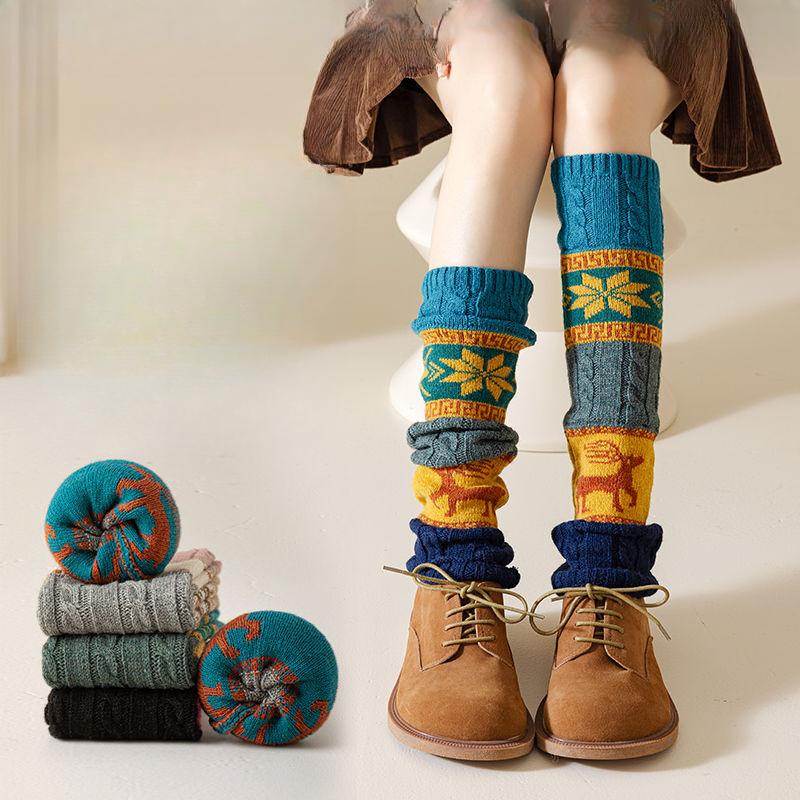 Wool Leg Warmer Socks Twisted Pattern Autumn Winter Deer Snowflake Slouchy Calf Knitted Warm Knee Protector Over-the-knee Socks