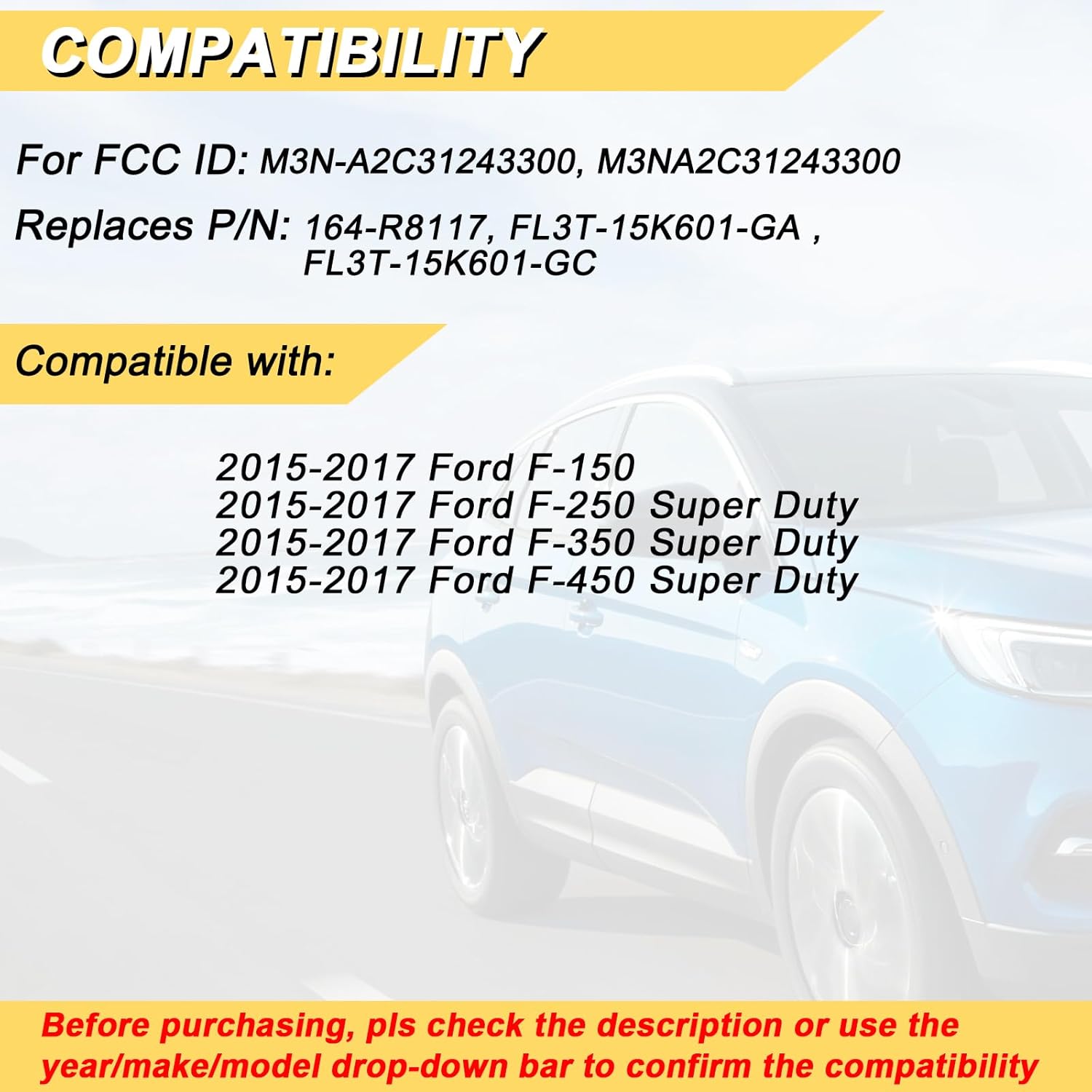 

Key Fob Replacement for 2015-2017 Ford F-Series Truck- F150 F250 F350 F450 Car Keyless Entry Remote Control, M3N-A2C31243300, 5 Btn