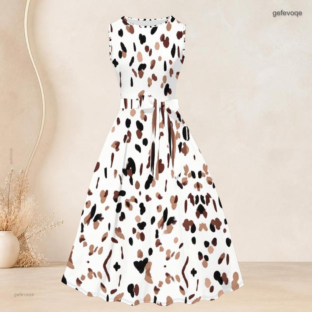 Women Plus Size Two Piece Set Printed Sleeveless Round Neck Tie Waist Flared Dress And Three Quarter Sleeve Cardigan