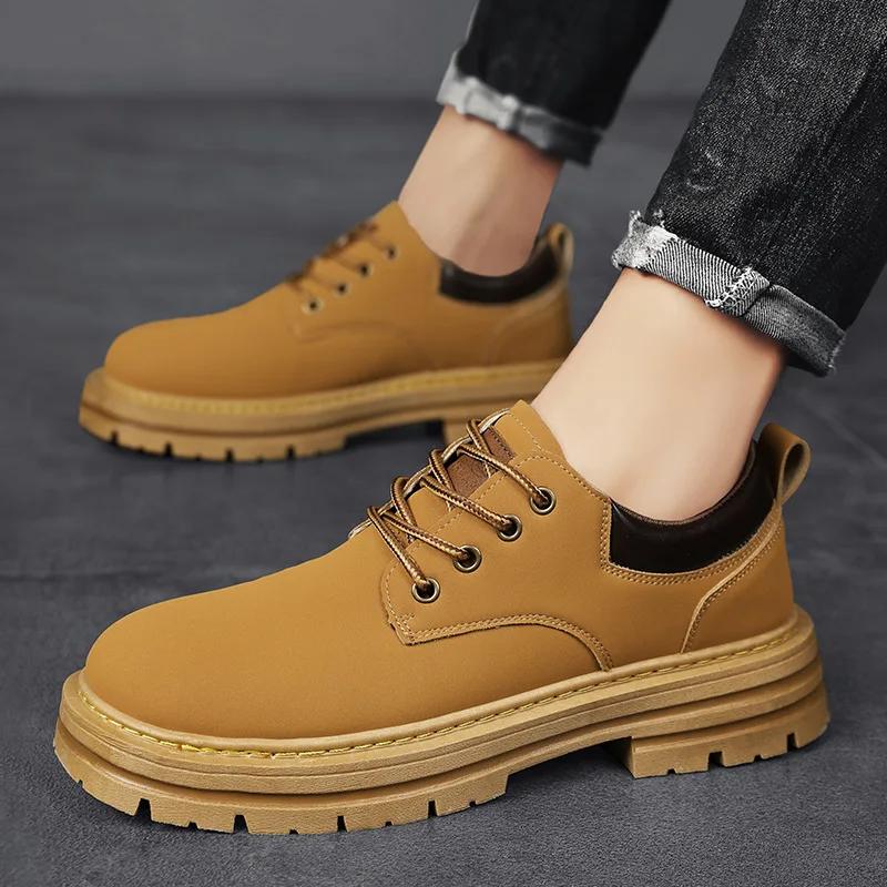 Fashionable Trendy Low-cut Boots for Men Casual Outdoor Workwear Shoes Lace-up Design in Yellow