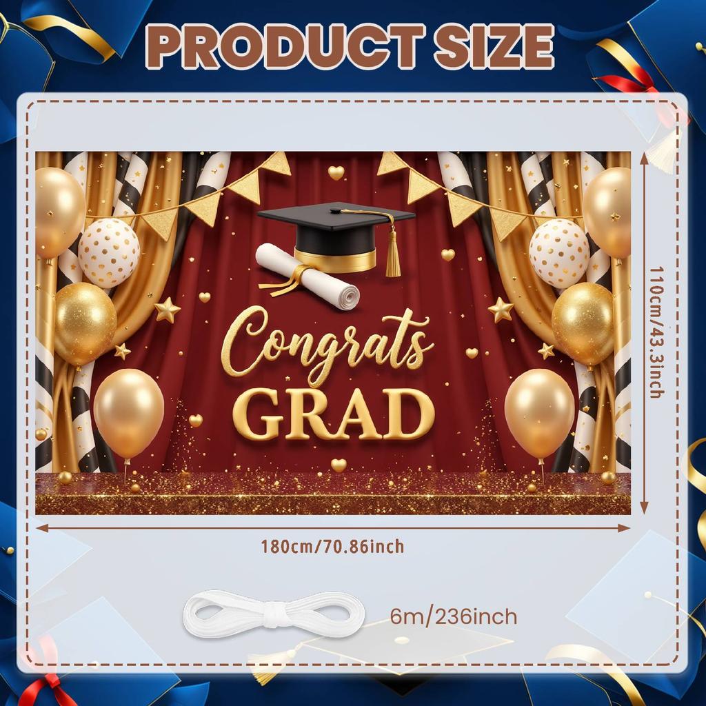 Congrats Grad Background Graduation Cap Grad Event Banner Graduation Celebration Banner Black Gold  Grad Party Banner