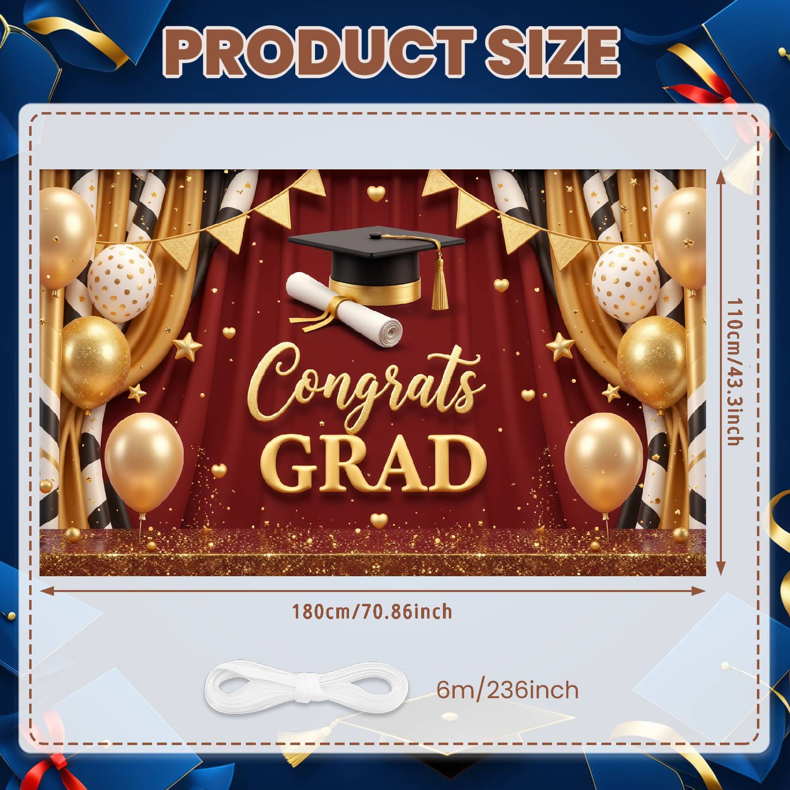 

Congrats Grad Background Graduation Cap Grad Event Banner Graduation Celebration Banner Black Gold Grad Party Banner