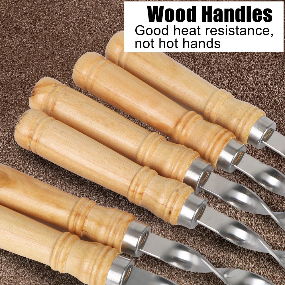 6 szt. Szaszłyki ze stali nierdzewnej Płaskie patyczki do BBQ Metalowe szaszłyki do kebaba z drewnianą rączką Narzędzia do grilla na zewnątrz Akcesoria do grilla