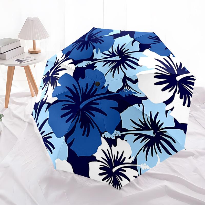 1pc Blue Floral Print Automatic Folding Umbrella, Portable Collapsible Design, 8-Rib Iron Frame, Outdoor Accessory Yy250905093