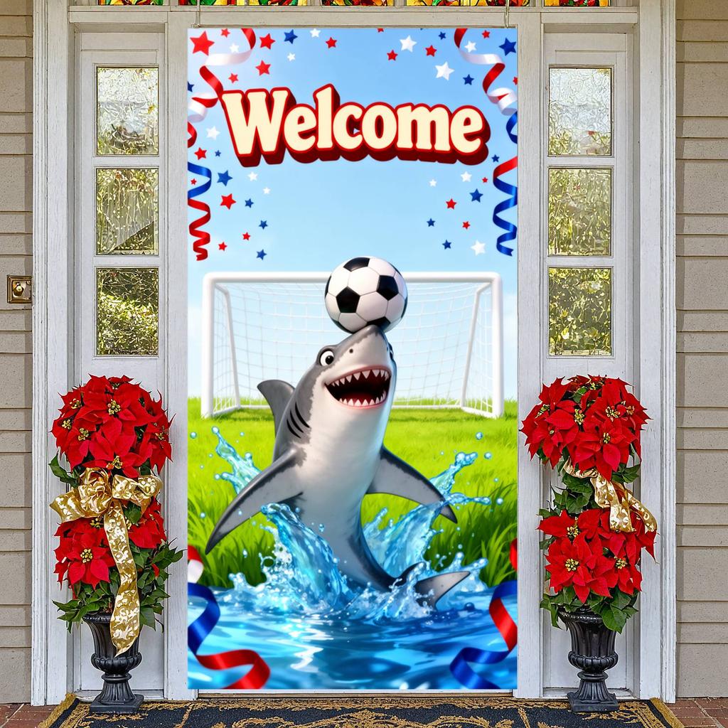 Welcome Shark Soccer Door Cover Cartoon Festive Event Banner Welcome Shark Soccer Backdrop Water Splash Effect