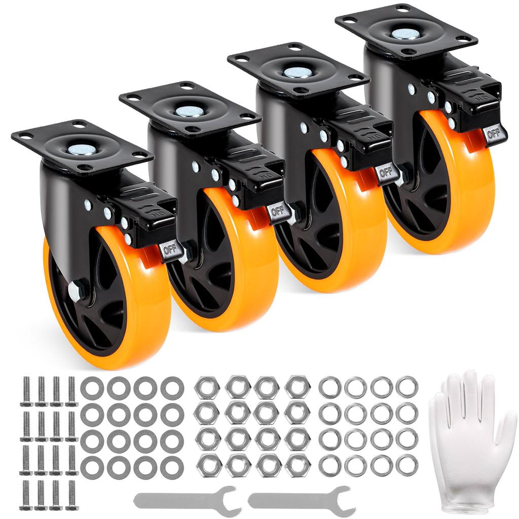 VEVOR Caster Wheels, 12.7 cm Swivel Plate Casters, Set of 4, with Security A/B Locking No Noise PVC Wheels