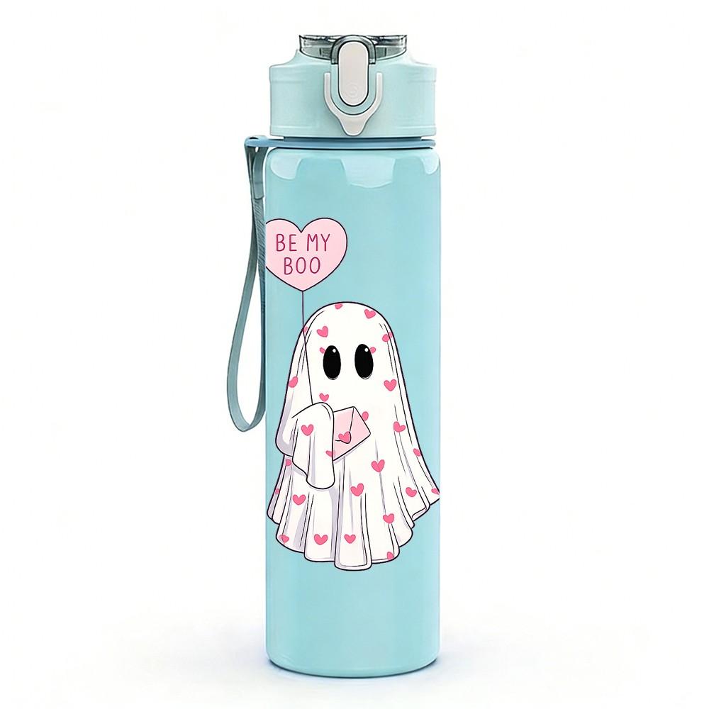 1PC Cute Ghost With Pink Heart Print 750ml Color Plastic Sports Water Bottle Leakproof Flip Straw Lid Suitable for Sports Office Home Use