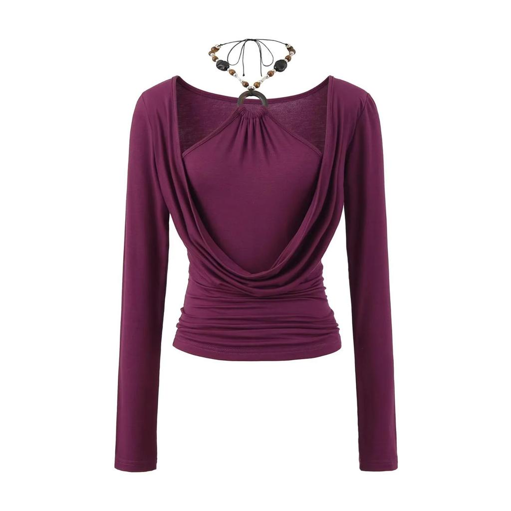 Chic Two-Piece Illusion Halter Neck Beaded Long Sleeve Ruched Top for Fall