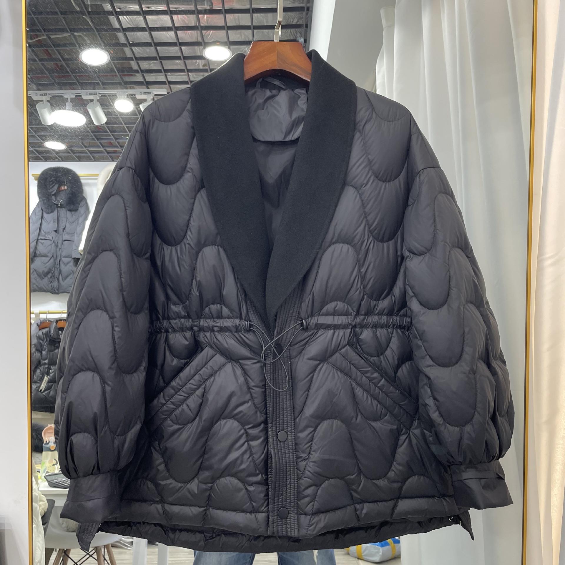 

2024 Зимняя европейская толстая пуховая куртка с завязками на талии, материал сращивания, белый утиный пух, зимняя женская куртка с V-образным вырезом, прилив M