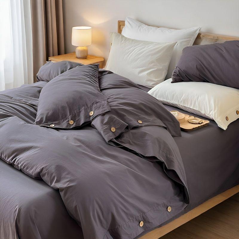 Retro Japanese Style Washable Cotton Bedding Set - Plain Stripe, Button Design, 3-Piece