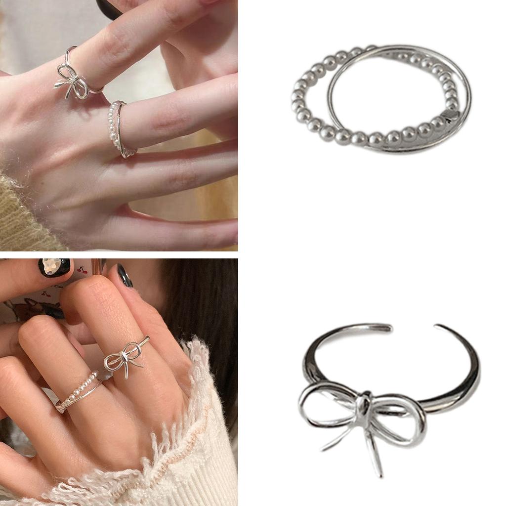 Fashionable Bowknot Opening Rings Finger Rings Beaded Finger Rings Alloy Material Stylish Finger Accessory for Women