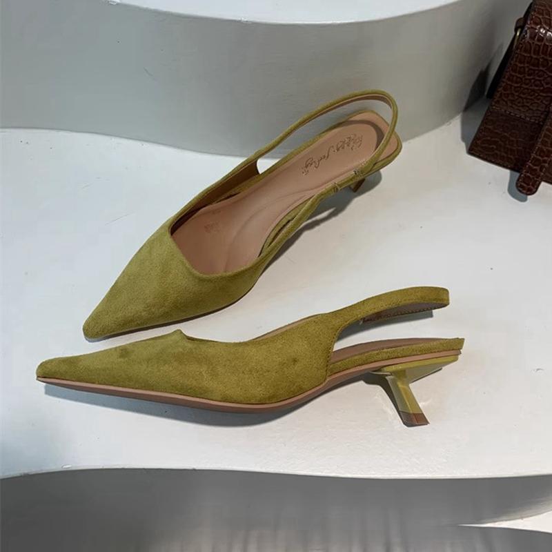 Fashion SUOJIALUN 2024 Autumn Women Sandal Shoes Fashion Pointed Toe Shallow Slip On Slingback Sandal Thin Med Heel Ladies Elegant Pumps