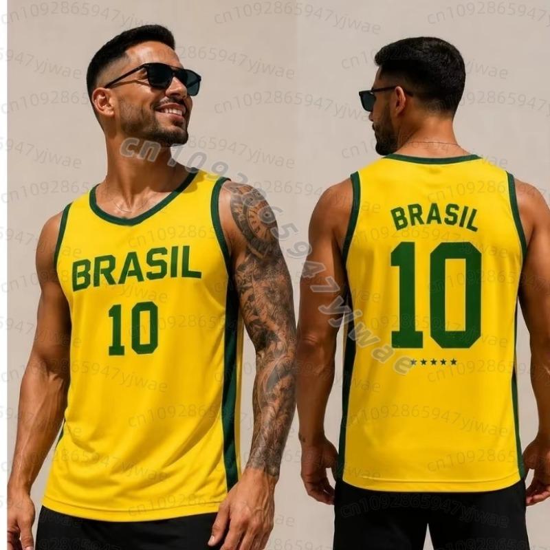 Sommer Mænd GUL BRASIL 10 Print Stribe Rund Hals Afslappet Tanktop Basketball Trøje Vest Kæreste Stil Sport Basketball Vest