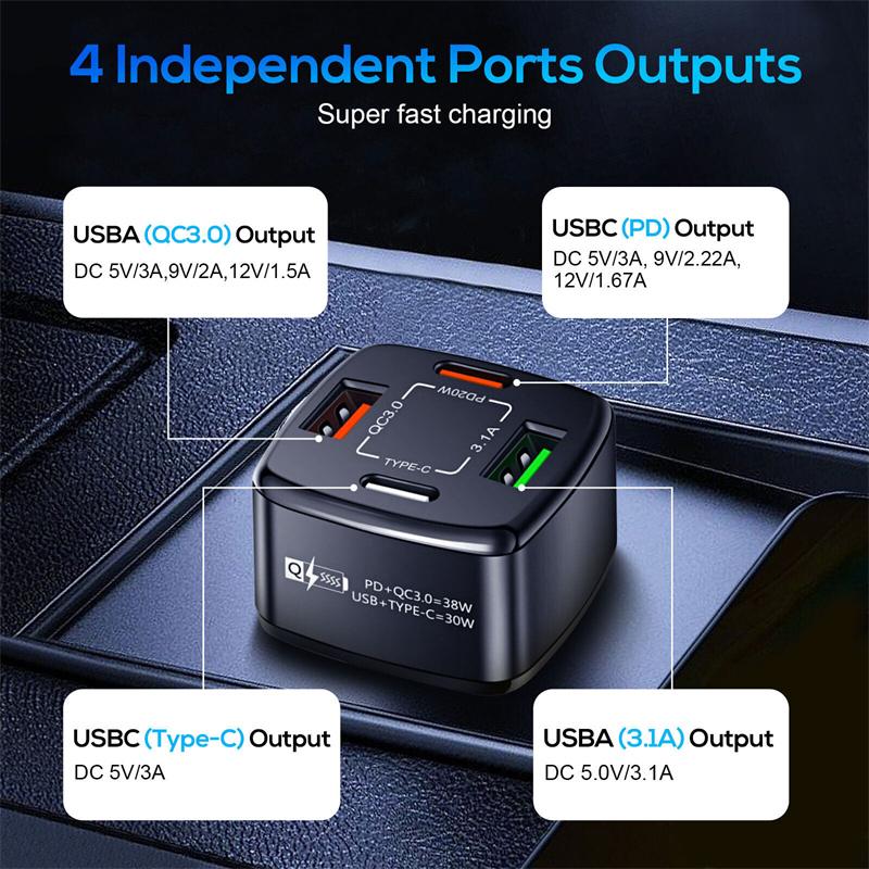 Usb Type-C Pd 38W Car Charger Led Display 4 Ports Quick Charge 3.0 Fast Charging Phone Adapter For Iphone 15 14 Samsung Xiaomi