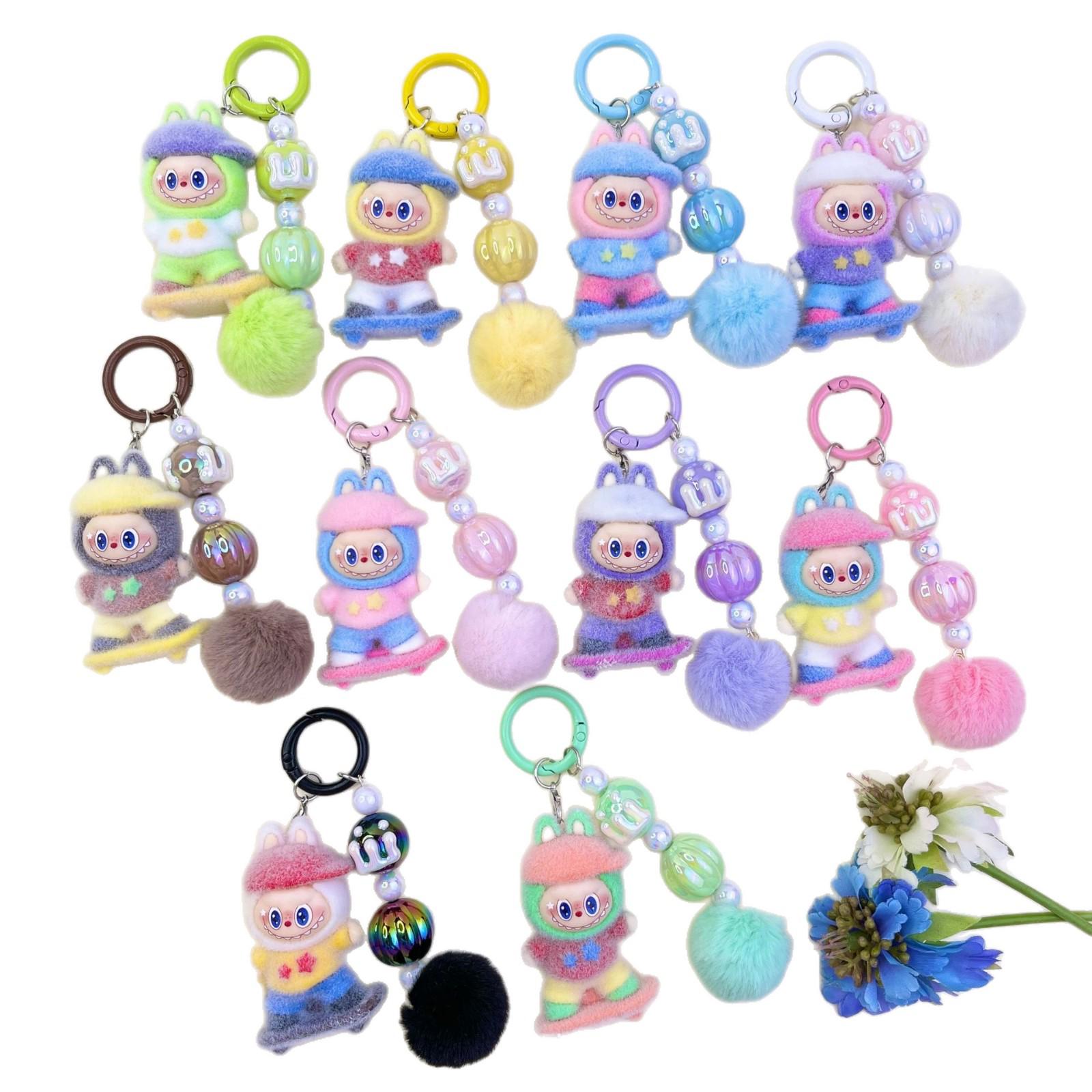 Trendy Flocking Skateboard Doll Fur Ball Couple Keychain Bag Pendant Mixed 1pc Flocking Skateboard Keychain