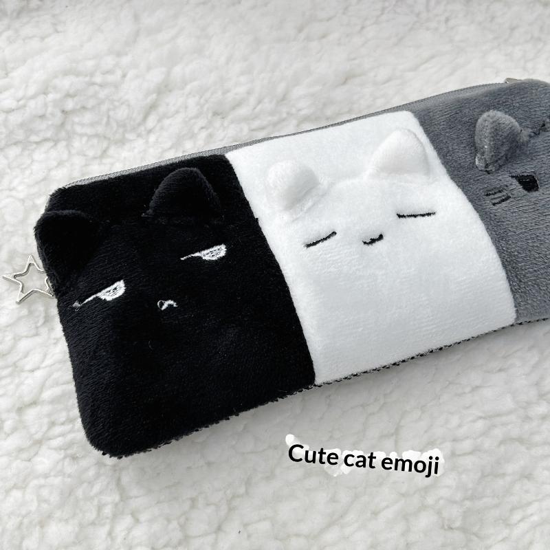 Kawaii Cartoon Black White Grey Color Blocked Plush Pencil Case Student School Desktop Stationery Large Capacity Storage Penbag