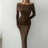 LYRIA Elegant Fashion Sexy Maxi Dresses Streetwear Off Shoulder Casual  Long Sleeve Slim Bodycon Party Vestidos Robes Female