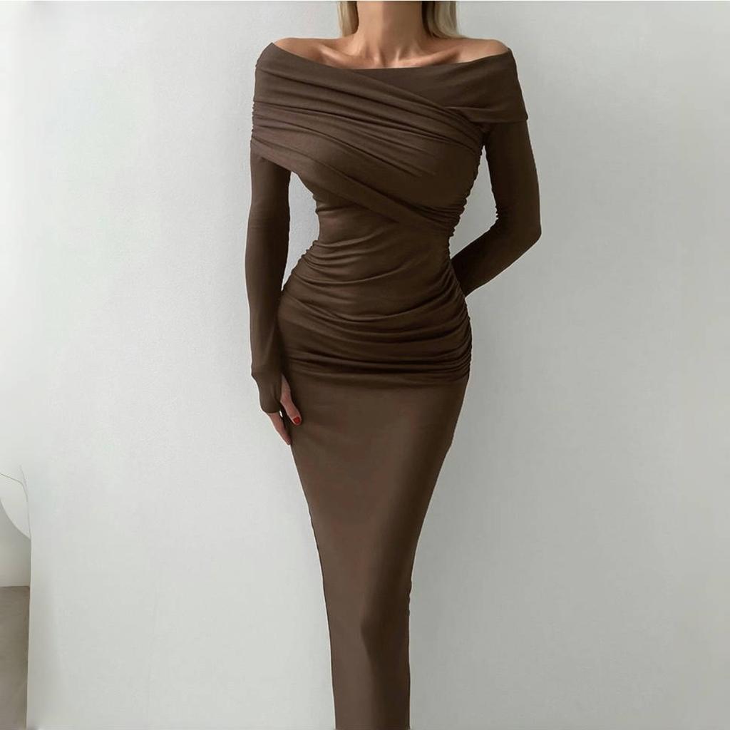 LYRIA Elegant Fashion Sexy Maxi Dresses Streetwear Off Shoulder Casual  Long Sleeve Slim Bodycon Party Vestidos Robes Female