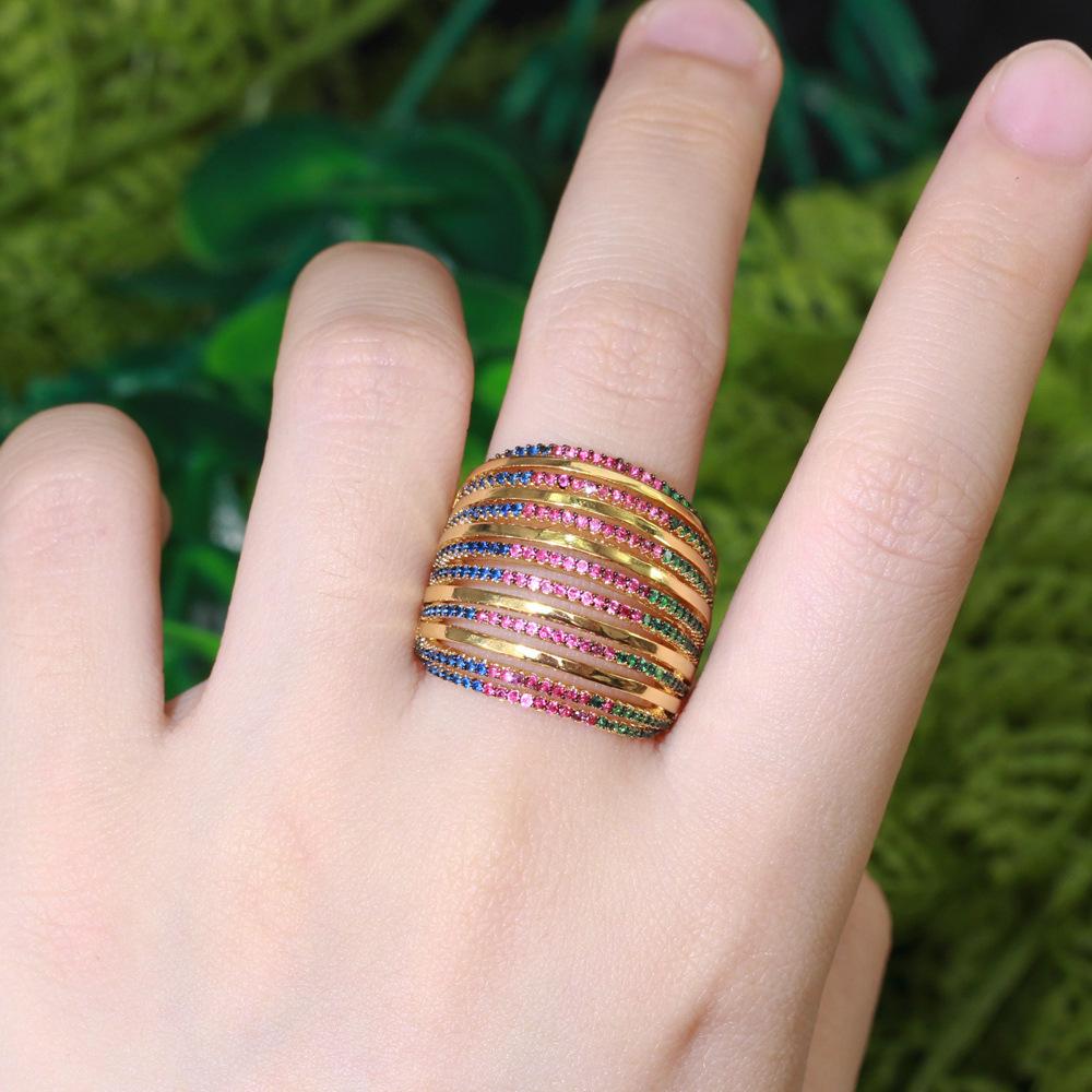 Sparkling Diamond Micro-Inlaid Colored Zircon Women'S Ring, Electroplated Real Gold Ring, Customized Jewelry With Pictures And Samples.