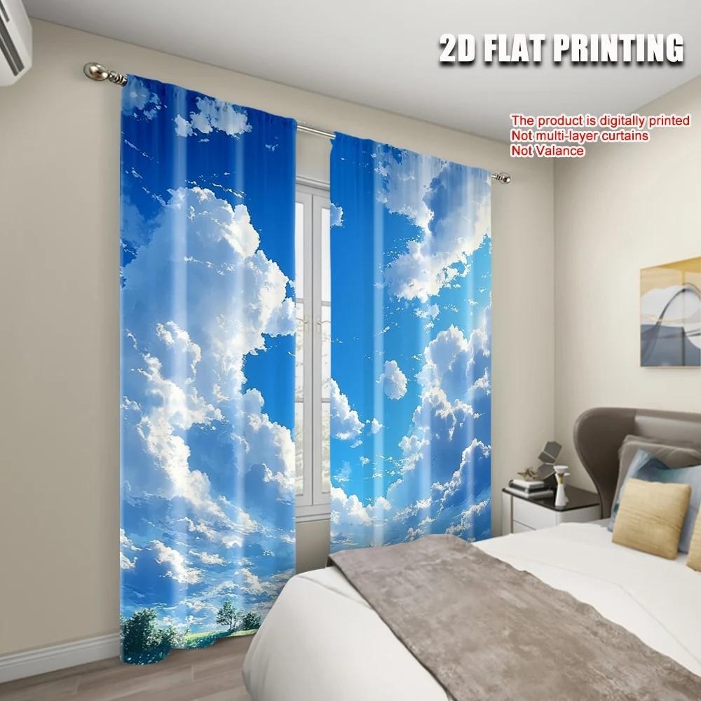 Set Of 2 Dreamy Clouds Print Curtain Polyester Living Room Bedroom Decor With Rod Pocket Darkening Perfect For